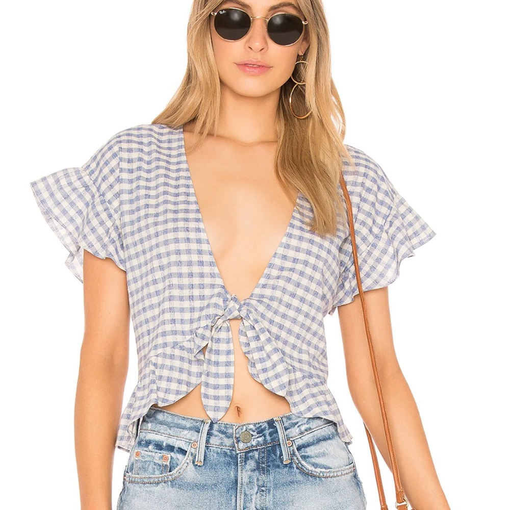 Tularosa Winnie Gingham Short Sleeve Tie Front Blouse Size Small